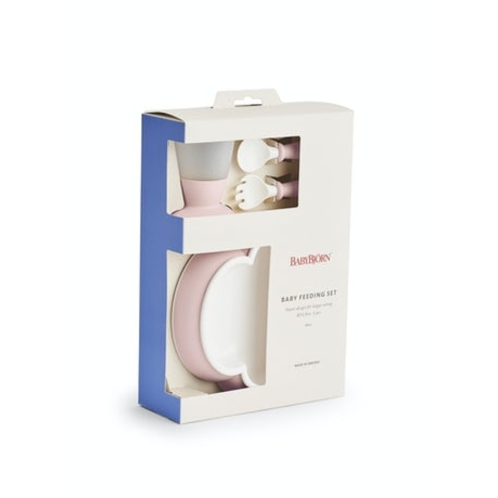 BabyBjorn - Set hranire: farfurie, lingurita, furculita si pahar pentru bebe, Powder Pink