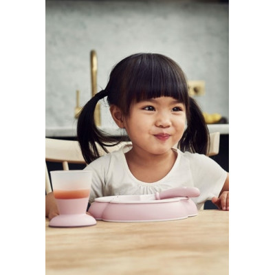 BabyBjorn - Set hranire: farfurie, lingurita, furculita si pahar pentru bebe, Powder Pink