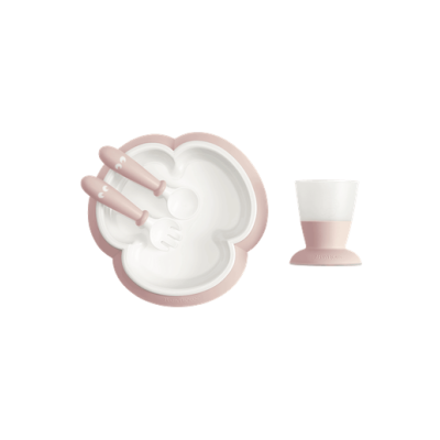 BabyBjorn - Set hranire: farfurie, lingurita, furculita si pahar pentru bebe, Powder Pink